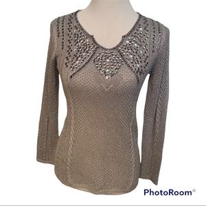 SKYE’S THE LIMIT SWEATER SILVER METALLIC BEADS SEQUINS SIZE S